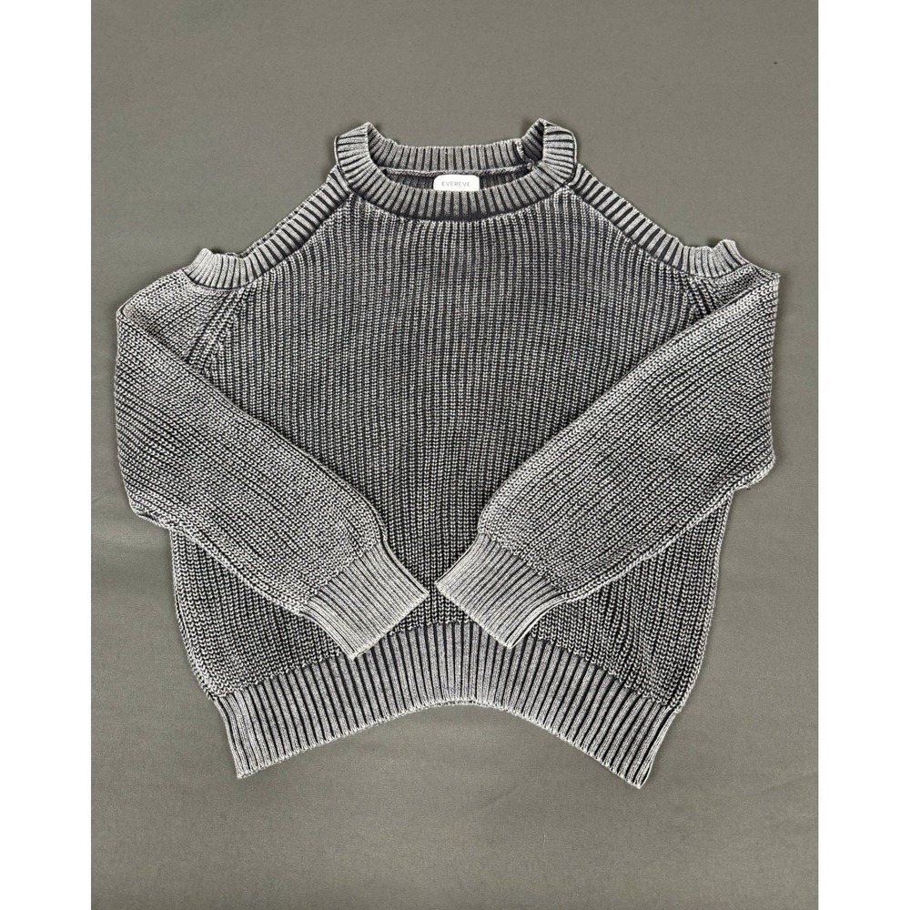 Evereve Shaker Knit Sweater Womens Large Grey White Ribbed Trim Crewneck